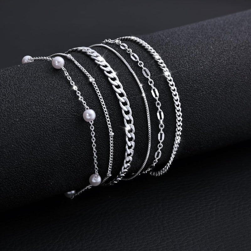 MBW Silver Plated Bracelets for Women, Dainty Silver Bracelets for Women Set Bracelet Stack Waterproof Jewelry for Women Trendy Minimalist Simple Small Thin Bracelet Set for Women Teen Gift - Image 5